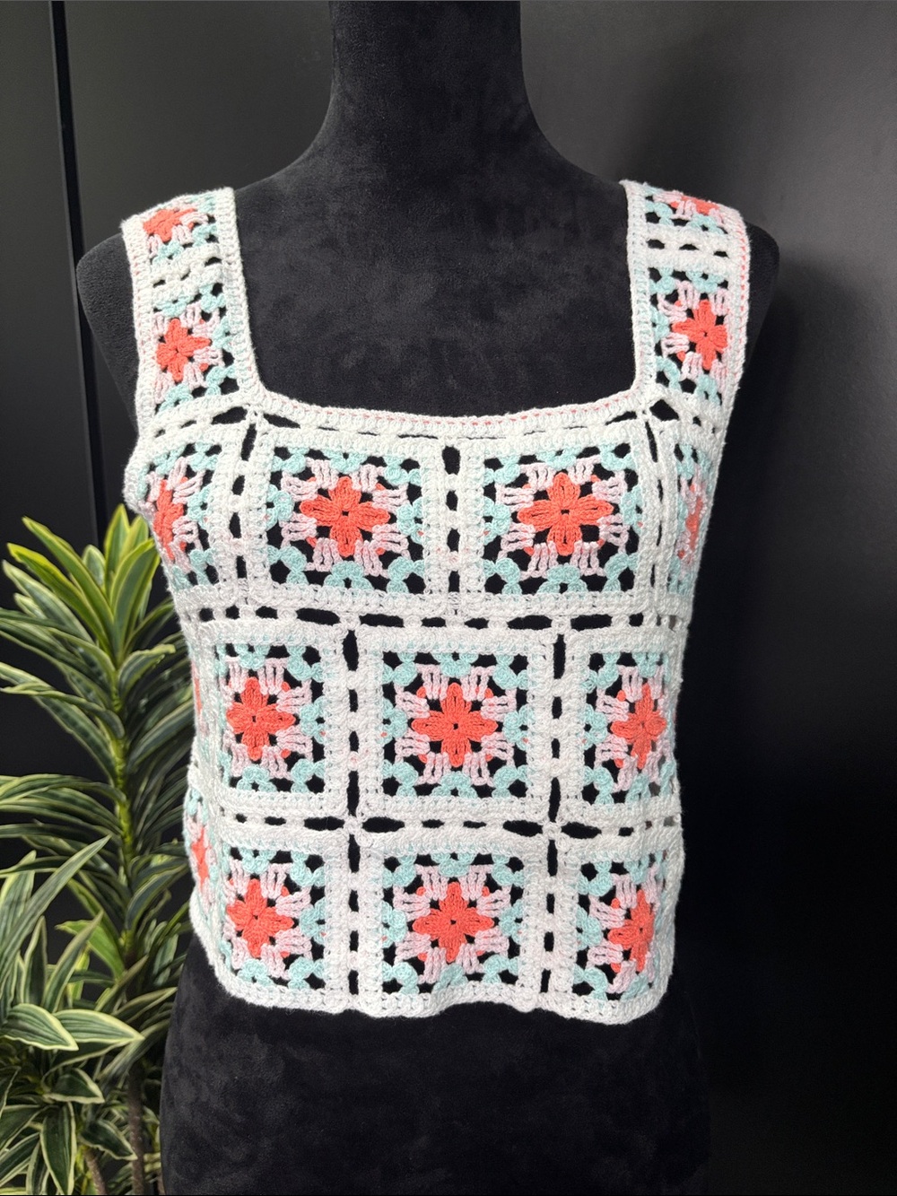 FCT Crocheted square granny pattern,thick strap,square neck,crop,trendy,everyday